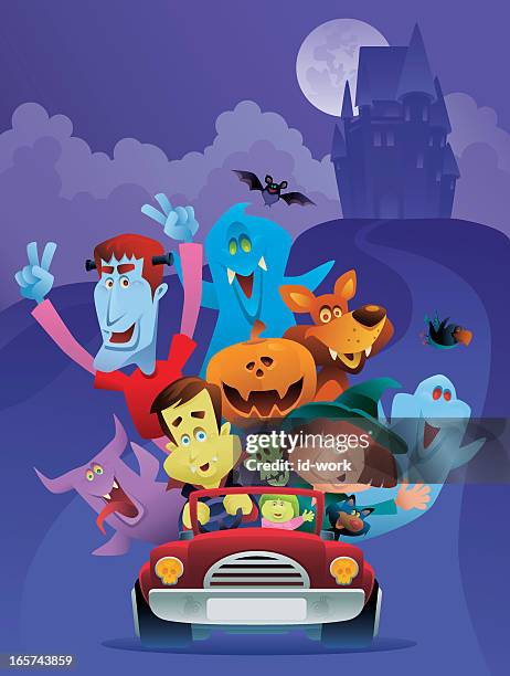 illustration of many monsters in a red car for halloween - cartoon halloween stock illustrations