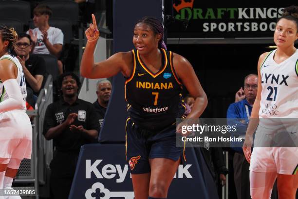 Aliyah Boston of the Indiana Fever celebrates during the game against the Minnesota Lynx on September 10, 2023 at Gainbridge Fieldhouse in...