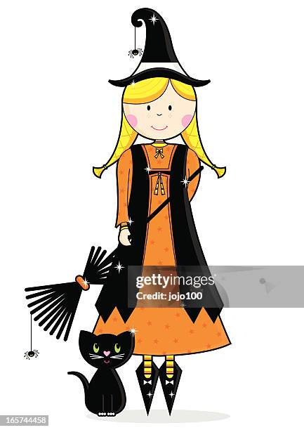 ilustrações, clipart, desenhos animados e ícones de bonita menina bruxa de halloween personagem com gato preto - design plat
