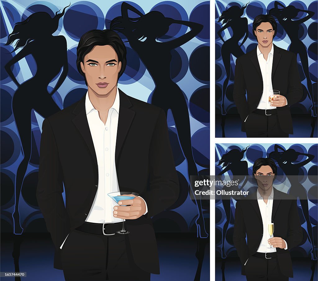 Man with blue martini or cognac and champagne