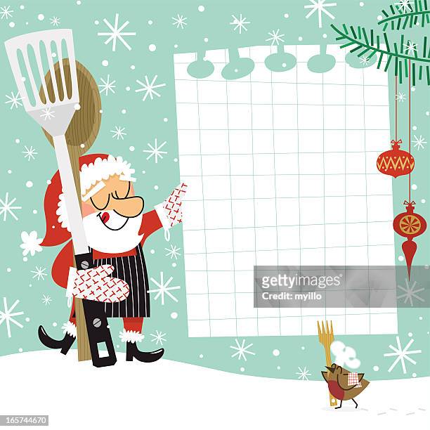 weihnachts-rezept. santa claus chefkoch - essen genießen stock-grafiken, -clipart, -cartoons und -symbole