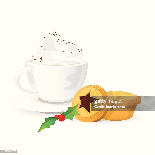 hot drink with cream & christmas mince pies - whipped food stock illustrations
