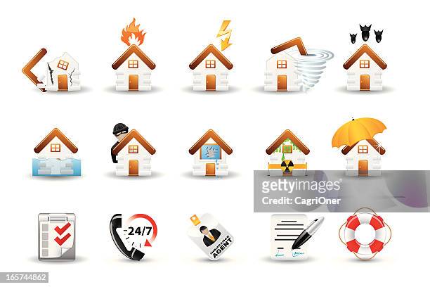 smooth silk icon set: real estate insurance - earthquake house stock illustrations