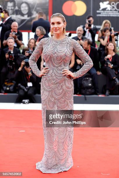 Cristina Musacchio attends a red carpet for the movie "The Killer" at the 80th Venice International Film Festival on September 03, 2023 in Venice,...