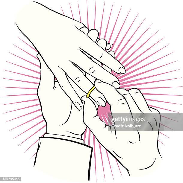 hands placing an engagement or wedding ring on a finger - bridegroom stock illustrations