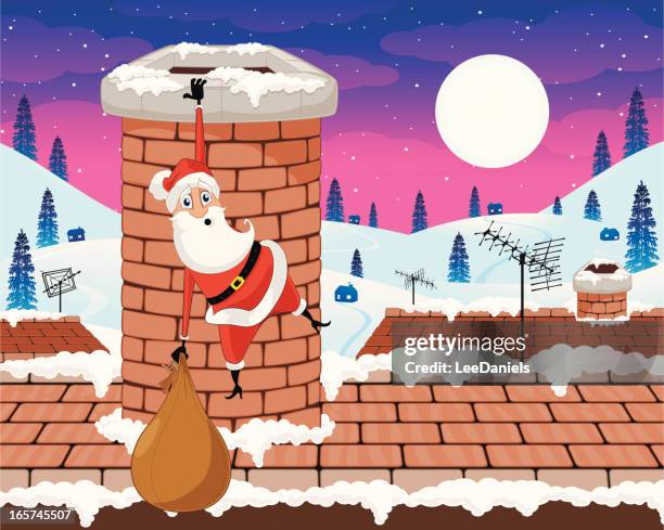santa claus clinging to a chimney top. - brick chimney stock illustrations