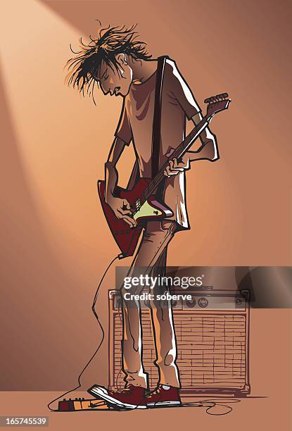 bildbanksillustrationer, clip art samt tecknat material och ikoner med illustration of male playing electric guitar next to an amp - guitarist