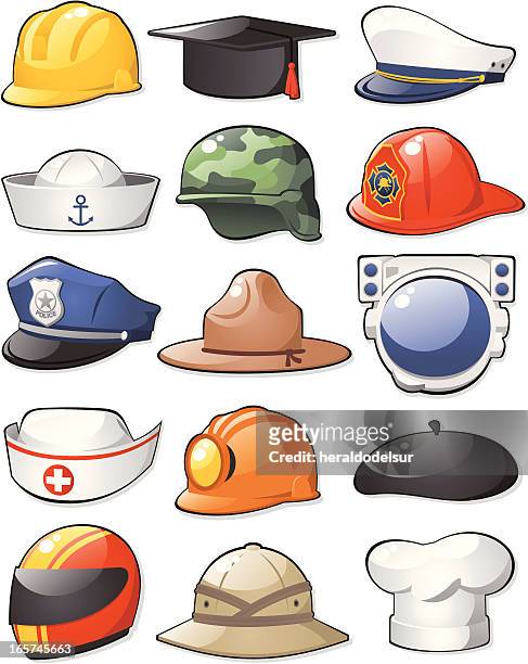 die hüte set - firefighter's helmet stock-grafiken, -clipart, -cartoons und -symbole