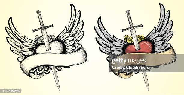 flying heart with sword tattoo - sword stock illustrations stock illustrations