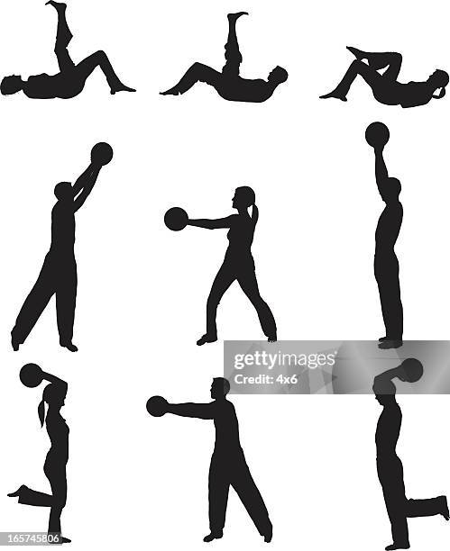 men and women exercising with medicine ball - lying on back exercise stock illustrations