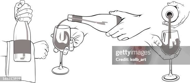 hands presenting and pouring wine - little finger stock illustrations