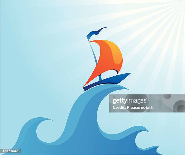 bildbanksillustrationer, clip art samt tecknat material och ikoner med sail boat on high ocean wave illustration - storm