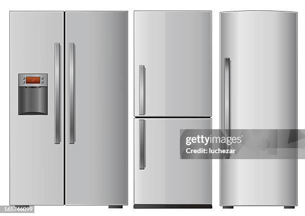 graphic of three different refrigerators on white background - freezer icon stock illustrations