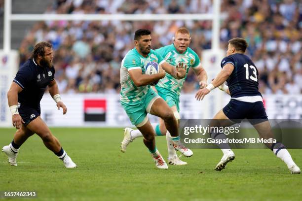 Damian De Allende of South Africa in action during the Rugby World Cup France 2023 match between South Africa and Scotland at Stade Velodrome on...