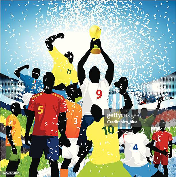 illustrations, cliparts, dessins animés et icônes de lever la coupe du monde ! - joueur de football