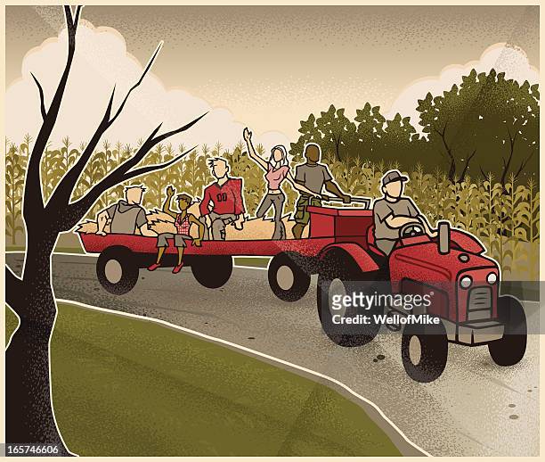 illustrazioni stock, clip art, cartoni animati e icone di tendenza di inizio dell'autunno fieno in - passeggiata su un carro di fieno