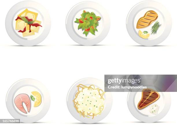 plated food icons - grilled chicken salad overhead stock illustrations