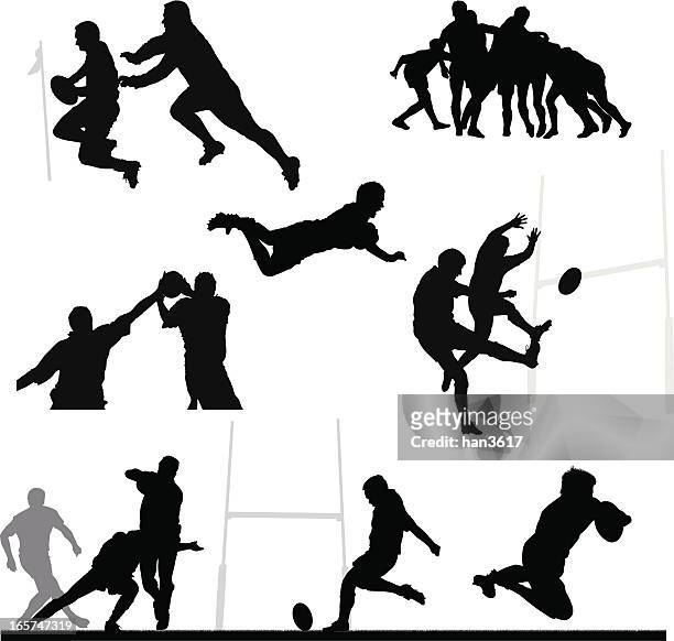 rugby-silhouette montage - rugby league competitie stock-grafiken, -clipart, -cartoons und -symbole
