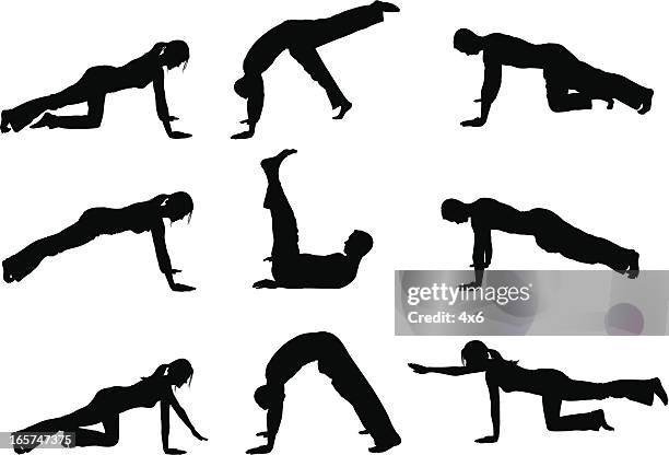 people holding yoga poses push up position - man lying on back stock illustrations