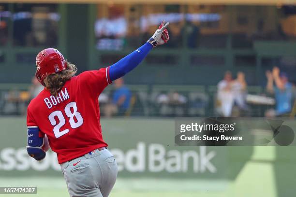 Alec Bohm of the Philadelphia Phillies runs the bases following a home run against the Milwaukee Brewers during the seventh inning at American Family...