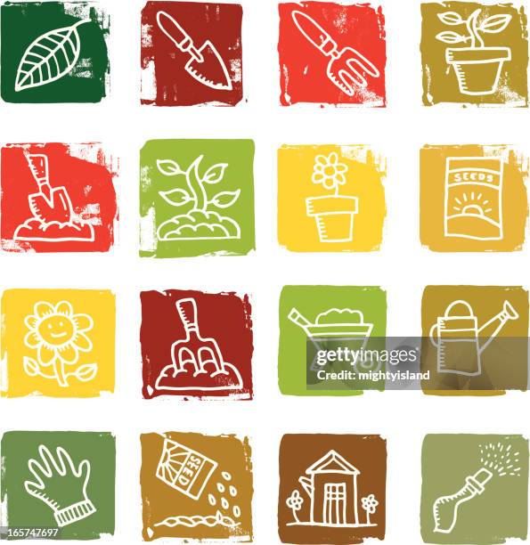 ilustraciones, imágenes clip art, dibujos animados e iconos de stock de bloque de iconos de jardinería - horca artículos de jardín