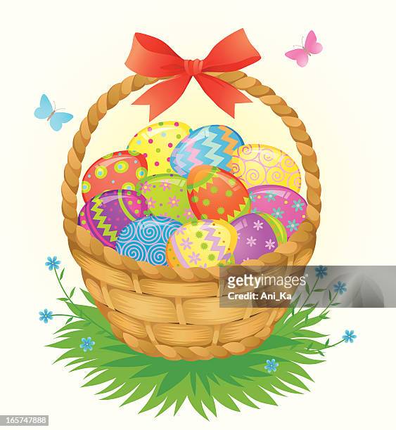 ostern korb mit eiern - easter eggs basket stock-grafiken, -clipart, -cartoons und -symbole