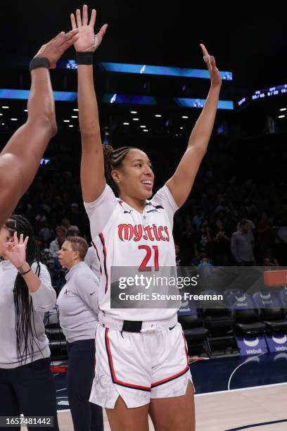Tianna Hawkins of the Washington Mystics celebrates after the game against the New York Liberty on September 10, 2023 in Brooklyn, New York. NOTE TO...