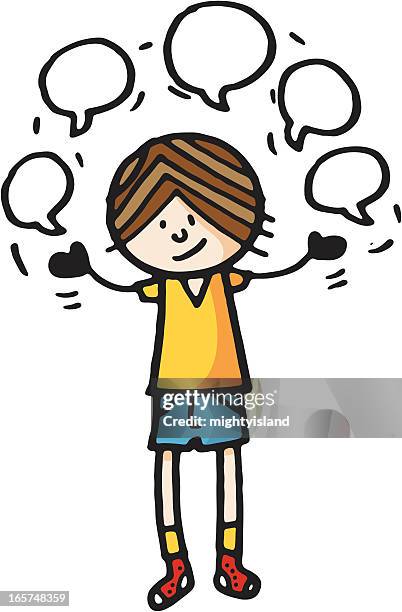 boy juggling speech bubbles - student thinking white background stock illustrations