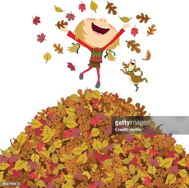 happy fall girl - leaflitter stock illustrations