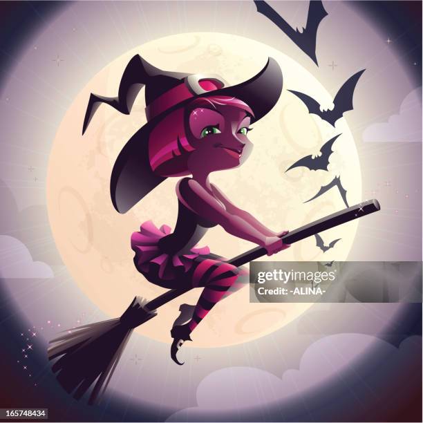 lustiger hexe auf einem besen - witch flying on broom stock-grafiken, -clipart, -cartoons und -symbole