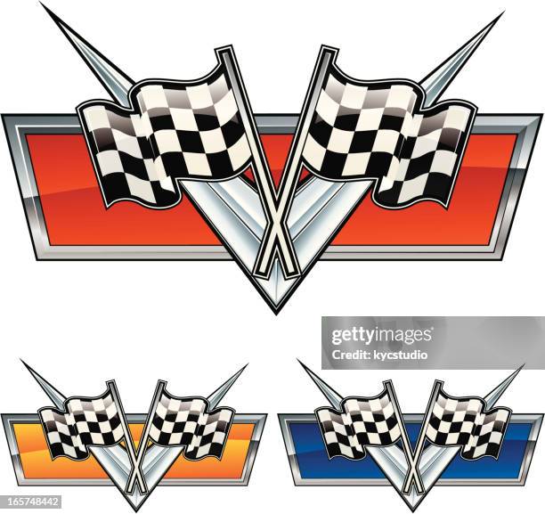 vectorial car emblems with checkered flags in three colors - vectorial art stock illustrations