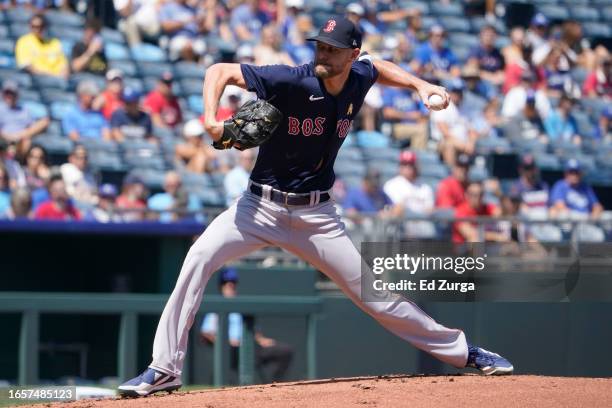 Chris Sale of the Boston Red Sox throws in the first inning against the Kansas City Royals at Kauffman Stadium on September 03, 2023 in Kansas City,...