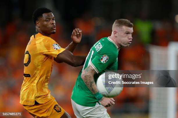 Denzel Dumfies of Holland, James McClean of Republic of Ireland during the EURO Qualifier match between Republic of Ireland v Holland on September...