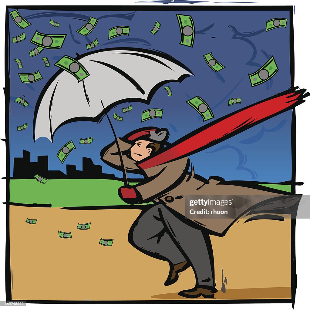 Ilustração de homem com Guarda-chuva Na Tempestade e a chover dinheiro.