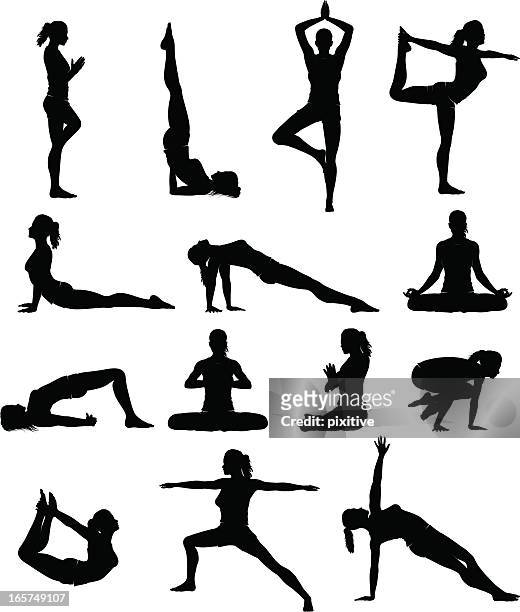 ilustraciones, imágenes clip art, dibujos animados e iconos de stock de siluetas de mujer de yoga - yoga