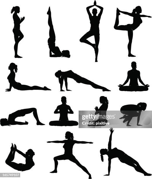 stockillustraties, clipart, cartoons en iconen met woman yoga silhouettes - yoga pose silhouette