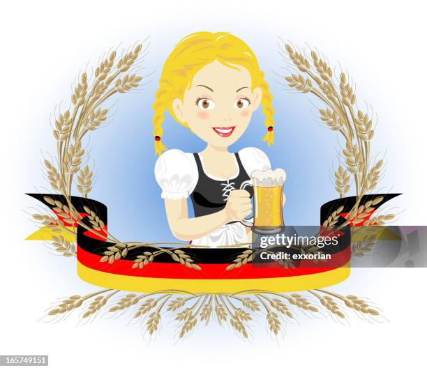 ilustraciones, imágenes clip art, dibujos animados e iconos de stock de tienda de cervezas del oktoberfest chica - braided hair