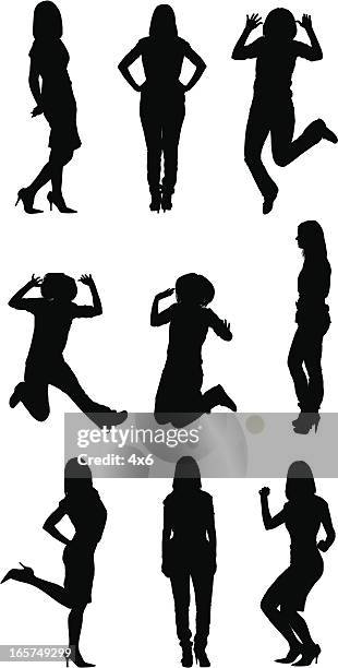 happy women standing or jumping - leg up stock illustrations