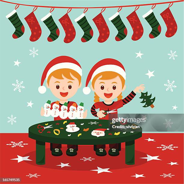 christmas art and craft fun - schoolboy stock illustrations