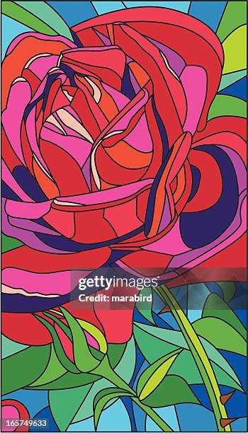 colorful drawing of a red rose with green leaves - stained glass stock illustrations