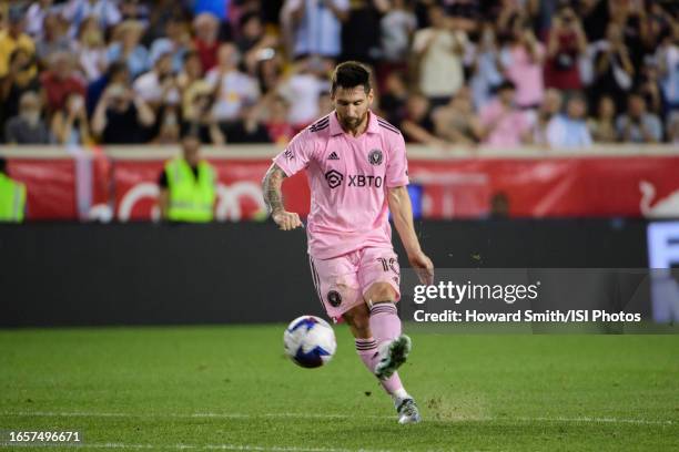 Lionel Messi of Inter Miami CF takes a free kick during a game between Inter Miami CF and New York Red Bulls at Red Bull Arena on August 26, 2023 in...