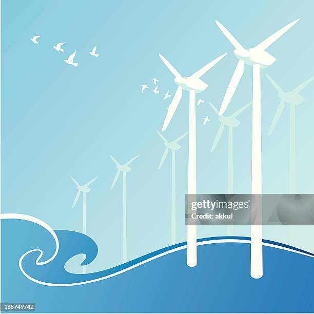 wind energy - ocean - wind farm sea stock illustrations