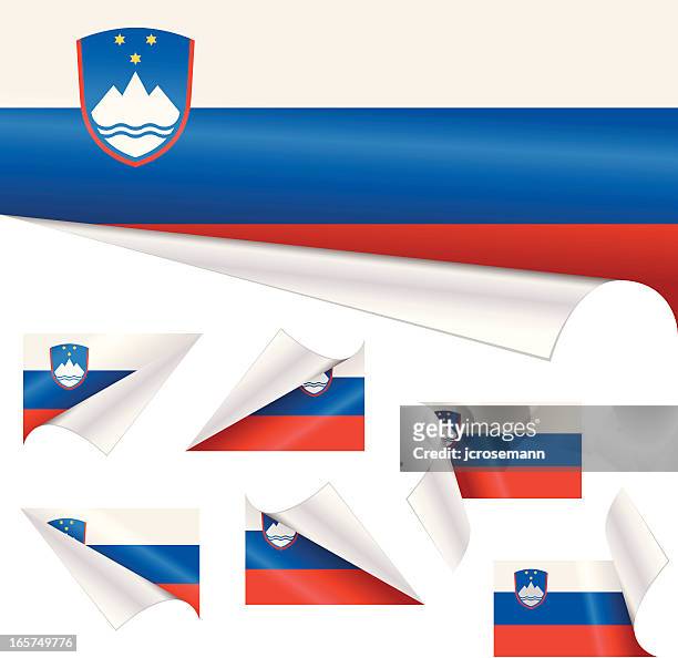 slowenische flagge hinter gelockter papier - corner peel stock-grafiken, -clipart, -cartoons und -symbole