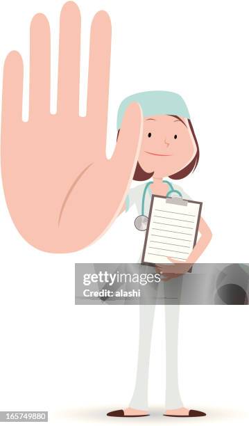 female doctor smiling and gesturing stop hand sign - nursing assistant stock illustrations