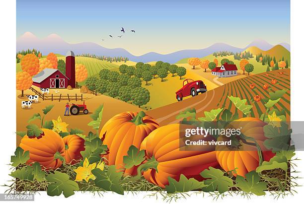 bildbanksillustrationer, clip art samt tecknat material och ikoner med illustration of a farm and field in autumn with pumpkins - apple tree