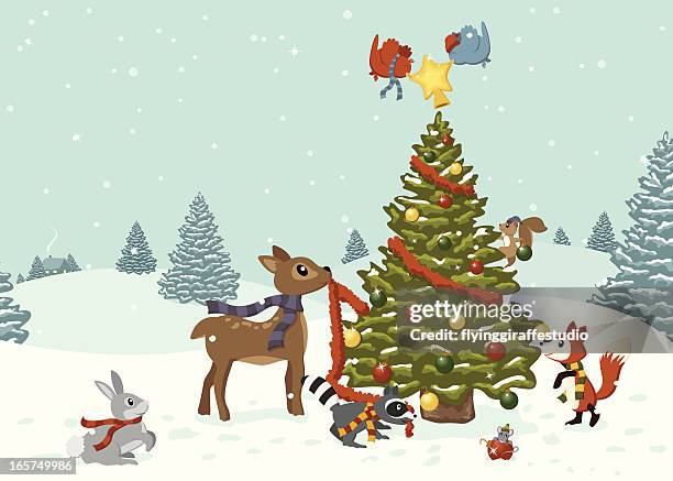 woodland tiere dekorieren ein christmas tree - blue cardinal bird stock-grafiken, -clipart, -cartoons und -symbole