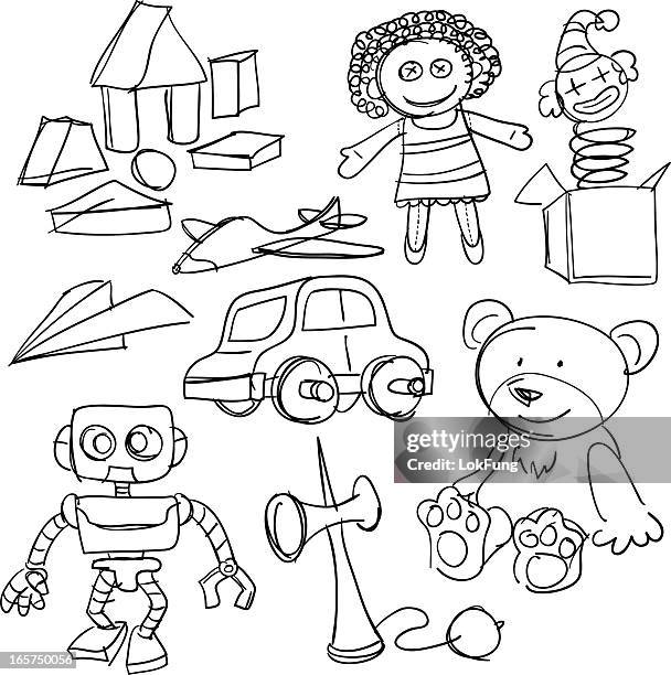 ilustraciones, imágenes clip art, dibujos animados e iconos de stock de juguetes colección en blanco y negro - osito de peluche