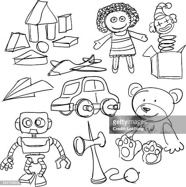 bildbanksillustrationer, clip art samt tecknat material och ikoner med doodles in black and white of toys collection - doll