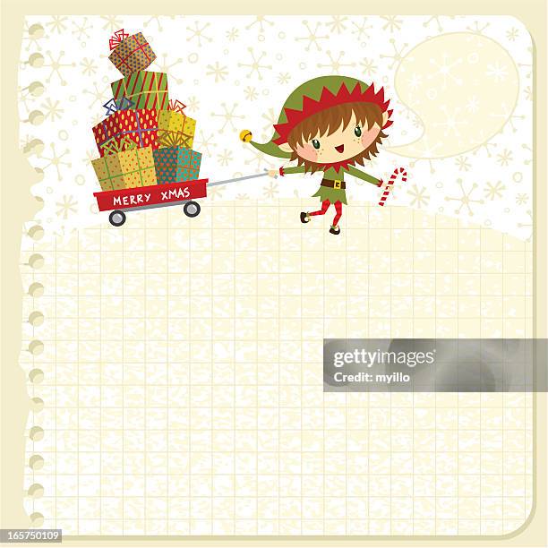 christmas card with xmas elf and presents illustration vector - stacking rocks stock illustrations