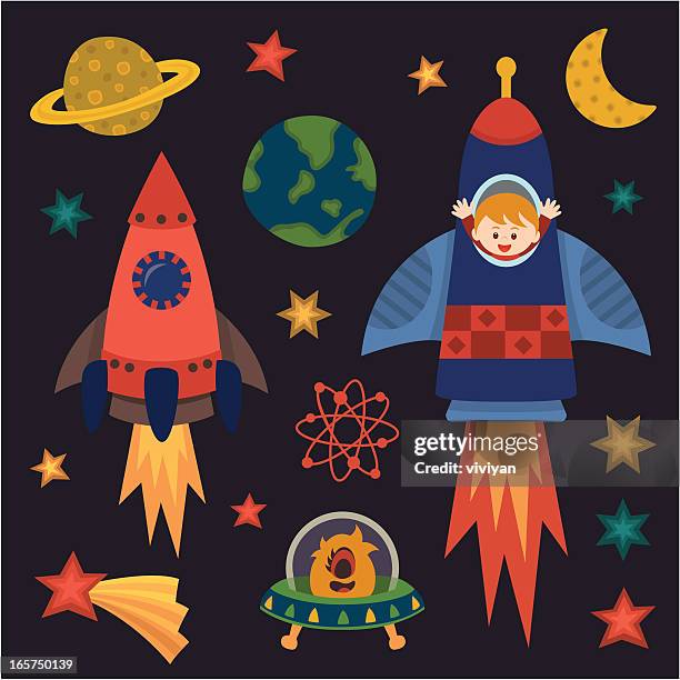 kinder mit rakete im weltraum - astronaut vector stock-grafiken, -clipart, -cartoons und -symbole